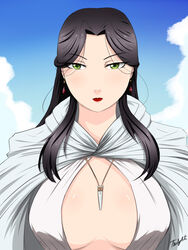  arslan_senki black_hair breasts breasts_apart cloak earrings falangies green_eyes jewelry lipstick long_hair makeup necklace 