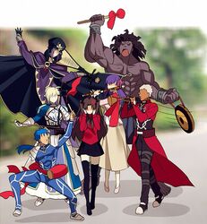  3boys 4girls ahoge anger_vein archer_(fate) armor armored_dress artoria_pendragon_(fate) black_gloves black_hair black_skirt black_thighhighs blonde_hair blue_bodysuit blue_hair blurry bodysuit bracer cape chinese_commentary cloak coat commentary_request covering_own_ears cu_chulainn_(fate) cu_chulainn_(fate/stay_night) dark-skinned_male dark_skin depth_of_field dizi dress drum erhu faceless fate/stay_night fate_(series) flute gauntlets gloves hair_bun hair_ribbon heracles_(fate) hood hooded_cloak instrument long_hair long_skirt long_sleeves matou_sakura medea_(fate) meme multiple_boys multiple_girls music parody pauldrons pink_footwear pipa_(instrument) playing_instrument ponytail purple_hair purple_ribbon red_coat ribbon saber_(fate) short_hair shoulder_armor single_hair_bun skirt suona thighhighs tohsaka_rin transverse_flute trench_coat trumpet trumpet_boy_(meme) twintails two_side_up white_hair yaoshi_jun zettai_ryouiki 