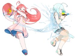  &gt;_&lt; 1boy aged_down ahoge aqua_hair bucket closed_eyes commentary_request creamyya dress female full_body highres humanization lolicon long_hair pink_hair raincoat sandals sf-a2_miki shorts sleeveless smile splashing sundress transparent_background utatane_piko vest vocaloid water water_gun 