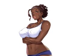  breasts curvy dark_skin earrings female female jewelry large_breasts looking_at_viewer nasu_trisha nipples oh_yes!_kasshoku_bitch_hitozuma_no_seiyoku_kaishou oohara_kyuutarou ring shiny_skin short_ponytail smile solo sports_bra 