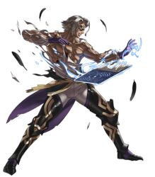  1boy abs armor armored_boots book boots dark-skinned_male dark_skin feathers fire_emblem fire_emblem_heroes full_body gloves grey_hair highres injury kozaki_yuusuke male_focus mask muscular mysterious_man_(fire_emblem) official_art solo teeth topless_male torn_clothes transparent_background 