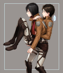  1boy black_eyes black_hair blush boots brown_hair carrying commentary_request emblem eren_yeager female jacket mikasa_ackerman paradis_military_uniform photoshop_(medium) scarf shingeki_no_kyojin sine thigh_strap training_corps_(emblem) 