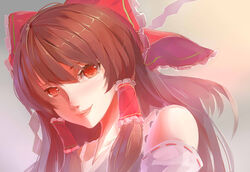  backlighting bow brown_hair commentary detached_sleeves female hair_tubes hairbow hakurei_reimu highres lips long_hair looking_at_viewer neck nose red_bow red_eyes ribbon-trimmed_sleeves ribbon_trim smile solo touhou upper_body yonoki 