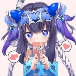  bare_shoulders black_hair blue_eyes blush braid china_dress chinese_clothes commentary_request double_bun dress female gift hair_bun hair_ornament haku_(p&amp;d) heart heart-shaped_pupils lilium0235 long_hair looking_at_viewer multicolored_hair purple_hair puzzle_&amp;_dragons solo spoken_heart symbol-shaped_pupils tail tiger_tail twin_braids valentine white_hair 