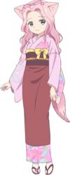  animal_ears female fox_ears fox_girl fox_tail full_body green_eyes japanese_clothes kimono konohana_kitan long_hair monster_girl official_art pink_hair ren_(konohana_kitan) 