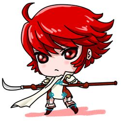  ahoge armor boots chibi dress female fire_emblem fire_emblem_if gloves hinoka_(fire_emblem_if) naginata red_eyes red_hair scarf short_hair weapon 