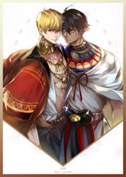  2018 2boys ahoge armor bare_pectorals black_hair blonde_hair cape commentary_request dark-skinned_male dark_skin earrings face-to-face fate/grand_order fate/prototype fate/prototype:_fragments_of_blue_and_silver fate_(series) gilgamesh_(fate) gilgamesh_(sumerian_garb)_(fate) highres jewelry male_focus multiple_boys navel necklace official_alternate_costume ozymandias_(fate) pectoral_docking pectoral_press pectorals pvc_parfait red_eyes toned toned_male yellow_eyes 