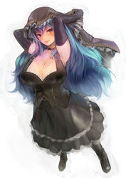  :p arms_up black_gloves blue_hair blush breasts commentary_request dress elbow_gloves female gloves harusame-r highres large_breasts looking_at_viewer solo tongue tongue_out veil white_background 