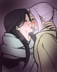  1boy arslan arslan_senki black_hair blue_eyes blush cloak earrings falangies female green_eyes jewelry kissing long_hair open_mouth ponytail purple_hair tongue 