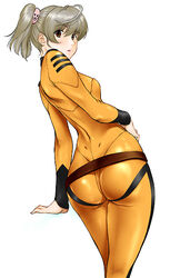  :o ahoge ass belt bodysuit breasts commentary_request cowboy_shot dimples_of_venus dutch_angle female from_behind grey_hair hair_between_eyes hand_on_own_hip impossible_clothes kneepits looking_at_viewer looking_back misaki_yuria open_mouth orange_bodysuit orange_theme red_eyes scrunchie shinobu_(tyno) shiny_clothes short_hair short_twintails simple_background skin_tight small_breasts solo standing surprised tight_clothes turtleneck twintails uchuu_senkan_yamato uchuu_senkan_yamato_2199 white_background wide_hips 