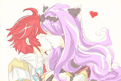  2girls armor between_breasts blush breasts camilla_(fire_emblem_if) fire_emblem fire_emblem_if hair_ornament hair_over_one_eye heart hinoka_(fire_emblem_if) kissing lips long_hair multiple_girls purple_hair red_hair scarf short_hair yuri 