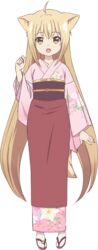  :d animal_ears bangs blonde_hair blush character_name commentary_request copyright_name eyebrows_visible_through_hair female fingernails floral_print fox_ears full_body hair_between_eyes highres interlocked_fingers japanese_clothes kimono konohana_kitan long_hair looking_at_viewer oerba_yun_fang official_art open_mouth pink_background pink_kimono print_kimono smile solo two-tone_background very_long_hair white_background x-6 yellow_eyes yuzu_(konohana_kitan) 