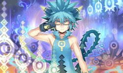  1boy bandaid bandaid_on_face bandaid_on_nose blue_hair game_cg gloves lyurm male_focus photoshop_(medium) solo spiked_hair summon_night summon_night_4 