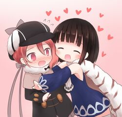  2girls akeyama black_hair blush cheek-to-cheek chibi commentary_request detec_bell detective happy hat heads_together heart lapis_lazuline mahou_shoujo_ikusei_keikaku mahou_shoujo_ikusei_keikaku_restart multiple_girls pink_hair short_hair smile yuri 