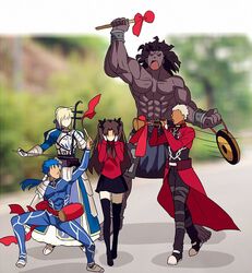  2girls 3boys ahoge archer_(fate) armor armored_dress artoria_pendragon_(fate) black_hair black_skirt black_thighhighs blonde_hair blue_bodysuit blue_hair bodysuit bracer chinese_commentary coat commentary_request covering_own_ears cu_chulainn_(fate) cu_chulainn_(fate/stay_night) dark-skinned_male dark_skin dress drum erhu faceless fate/stay_night fate_(series) gauntlets hair_bun hair_ribbon heracles_(fate) instrument long_hair long_sleeves meme multiple_boys multiple_girls music pauldrons playing_instrument ponytail red_coat ribbon saber_(fate) short_hair shoulder_armor single_hair_bun skirt suona thighhighs tohsaka_rin trench_coat trumpet_boy_(meme) two_side_up white_hair yaoshi_jun zettai_ryouiki 