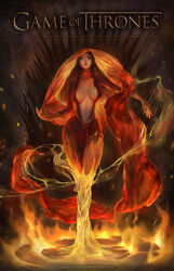  2017 absurdres breasts breasts_apart brown_eyes commentary copyright_name dress english fire full_body game_of_thrones gem green_eyes highres kim_eul_bong large_breasts long_hair looking_at_viewer melisandre navel number outstretched_arm parted_lips realistic red_dress solo sparkle standing throne watermark 