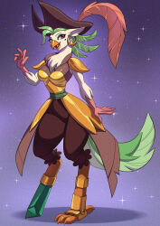  2026 alanscampos anthro armor avian avian_feet beak bird breasts captain_celaeno_(mlp) chest_tuft clothing ear_piercing ear_ring eyebrows eyelashes feather_hair feathers female friendship_is_magic green_hair hair hasbro hat headgear headwear hi_res mole_under_eye my_little_pony my_little_pony:_the_movie_(2017) parrot pegleg piercing pink_eyes pirate_hat pseudo_hair ring_piercing solo tan_body tuft 