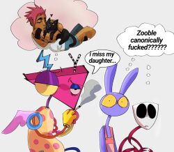  2026 ambiguous_gender animate_inanimate anthro biped black_body black_fur brown_body brown_skin cigarette cigarette_smoke closed_eyes dialogue digital_drawing_(artwork) digital_media_(artwork) domestic_cat english_description english_text felid feline felis female_(lore) fur gangle_(tadc) glitch_productions group hair heart_symbol hi_res holding_cigarette holding_object hug hugging_another human humanoid humor imagination inner_monologue jax_(tadc) lagomorph leporid living_mask living_toy looking_at_another male mammal mask mouthless multicolored_body narrowed_eyes nonbinary_(lore) pink_hair profanity purple_body purple_fur quadruped rabbit rosapazl sad shared_thought_bubble shocked simple_background smoke smoking smoking_cigarette speech_bubble surprised text the_amazing_digital_circus thinking thought_bubble three-quarter_view trio white_background yellow_sclera zooble_(tadc) 