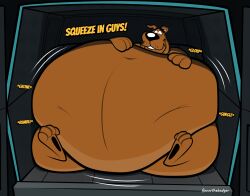  2025 belly big_belly bonesthebadger canid canine canis dialogue domestic_dog feral fur hanna-barbera hi_res huge_belly hyper hyper_belly immobile inside male mammal morbidly_obese morbidly_obese_male mystery_machine navel nude obese obese_male overweight overweight_male paws scooby-doo scooby-doo_(series) signature sitting solo sound_effects teeth text 
