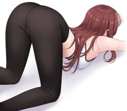  ass bare_shoulders black_leggings breasts cat_stretch commentary_request female from_behind highres idolmaster idolmaster_shiny_colors leggings long_hair medium_breasts midriff osaki_amana red_hair simple_background solo sports_bra stretching sulgi_park sweat top-down_bottom-up white_background white_sports_bra 