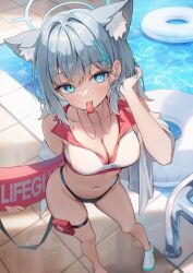  absurdres alternate_costume animal_ear_fluff animal_ears bikini blue_archive blue_halo breasts cleavage cross cross_hair_ornament extra_ears female hair_ornament halo highres inverted_cross li_se lifeguard looking_at_viewer mismatched_pupils mouth_hold poolside rash_guard shiroko_(blue_archive) solo swim_ring swimsuit whistle wolf_ears wolf_girl 