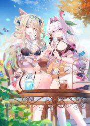  2girls bare_shoulders bikini black_bikini blonde_hair blue_sky breasts chair commentary_request cup goggles goggles_on_head hair_intakes hair_ornament half-heart_hands highres homu_(honkai_impact) honkai_(series) honkai_impact_3rd kaya_(ayase_kaya) large_breasts long_hair looking_at_viewer midriff multiple_girls navel official_alternate_costume on_chair purple_eyes second-party_source sitting sky smile songque songque_(summertime_reminiscences) swimsuit thelema_nutriscu thelema_nutriscu_(roseate_summer) thigh_strap thumbs_up very_long_hair white_hair yellow_eyes 