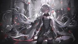  absurdly_long_hair absurdres armlet asymmetrical_sleeves berenica_(duet_night_abyss) black_cape black_dress black_gloves black_horns black_thighhighs breasts cape character_request check_character chinese_commentary cowboy_shot detached_collar detached_sleeves dress duet_night_abyss eyes_visible_through_hair falling_petals female floating_hair gloves hair_over_one_eye highres holding holding_behind_back holding_weapon_behind_back horns jewelry long_hair looking_at_viewer medium_breasts multicolored_gloves petals red_eyes red_gloves red_petals ririo rose_petals scenery sidelocks single_detached_sleeve solo sword thighhighs very_long_hair weapon white_hair 