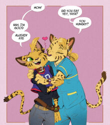 anthro belt blonde_hair bottomwear bracelet clock closed_eyes clothing collar denim denim_bottomwear denim_clothing dialogue digital_drawing_(artwork) digital_media_(artwork) duo ear_piercing ear_ring felid feline female fur green_eyes hair happy head_tuft heart_symbol hug hugging_another jeans jersey jewelry kissing_cheek long_sleeves mammal markings one_eye_closed open_mouth pants pepper_(ruffu) piercing pointy_ears portrait ring_piercing ruffu scrubs sharp_teeth shirt simple_background smile speech_bubble spiked_bracelet spikes spots spotted_body spotted_fur spotted_markings striped_markings stripes teeth text three-quarter_portrait tied_hair topwear tuft watch wristwatch yellow_body yellow_fur 