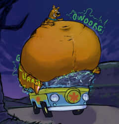  2025 belly big_belly canid canine canis clenched_teeth collar collar_only collar_tag crush crushed_vehicle domestic_dog feral fur great_dane half-closed_eyes hanna-barbera hi_res huge_belly hyper hyper_belly immobile male mammal mastiff molosser morbidly_obese morbidly_obese_feral morbidly_obese_male mostly_nude mystery_machine narrowed_eyes navel nude obese obese_feral obese_male overweight overweight_feral overweight_male paws rumbling_stomach scooby-doo scooby-doo_(series) scudmum2 sitting sitting_on_vehicle solo sound_effects teeth text vehicle 