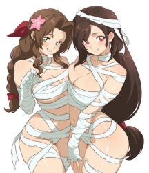  2girls absurdres aerith_gainsborough bandaged_arm bandaged_chest bandaged_hand bandaged_leg bandaged_torso bandages bare_shoulders blush braid braided_ponytail breasts brown_hair claw_pose closed_mouth cowboy_shot earrings final_fantasy final_fantasy_vii flower green_eyes hair_flower hair_ornament hair_ribbon halloween_costume highres jewelry large_breasts long_hair looking_at_viewer low-tied_long_hair midriff multiple_girls mummy_costume navel parted_bangs parted_lips pink_flower red_eyes red_ribbon revealing_clothes ribbon sidelocks simple_background single_braid skindentation smile sparkle thighs tifa_lockhart transparent_background vizaz 