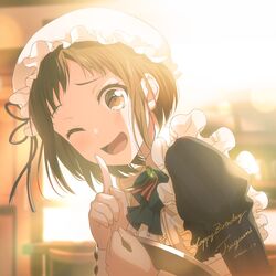  2022 ;d absurdres bang_dream! bow brown_eyes brown_hair female green_bow happy_birthday hazawa_tsugumi highres maid maid_headdress nobusawa_osamu one_eye_closed open_mouth short_hair smile upper_body 