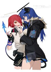  2girls absurdres arknights belt black_coat black_gloves blue_eyes blue_hair coat cropped_legs english_commentary english_text exusiai_(arknights) eye_contact eyes_visible_through_hair fingerless_gloves fur-trimmed_coat fur_trim gloves hair_over_one_eye half_gloves halo hand_on_another&#039;s_face highres horns hug long_hair looking_at_another mostima_(arknights) multiple_girls open_mouth orange_eyes red_hair short_hair sidelocks simple_background sinnbunn smile speech_bubble tail tail_around_arm tail_wrap teeth turtleneck utility_belt wavy_mouth white_background white_gloves yuri 