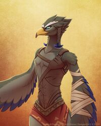  2022 4:5 anthro armor avian bandage black_body black_feathers blue_body blue_feathers breath_of_the_wild clothing fan_character feathers leather leather_clothing male nintendo ravizo rito shinigamigirl solo the_legend_of_zelda 