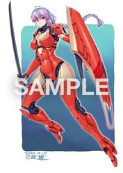  ariel_(mecha) ariel_(novel) breasts commentary_request commission covered_navel dated female holding holding_shield holding_sword holding_weapon looking_at_viewer mecha_musume medium_breasts michi_kuso personification red_eyes sample_watermark shield skeb_commission solo sword watermark weapon white_hair 