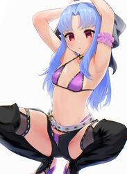  absurdres armpits arms_up bb_(fate) bb_(swimsuit_mooncancer)_(fate) bb_(swimsuit_mooncancer)_(fate)_(cosplay) belt bikini black_bow black_shorts blue_hair blush bow breasts cosplay fate/grand_order fate_(series) female grey_background hairbow highres len_(tsukihime) long_hair looking_at_viewer navel parted_bangs purple_bikini red_eyes shooot108 shorts simple_background small_breasts solo spread_legs squatting swimsuit thighs tsukihime unzipped white_belt 