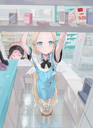  &lt;|&gt;_&lt;|&gt; 2girls angel&#039;s_24_uniform_(blue_archive) angel_wings apron beret black_bow black_bowtie black_wings blonde_hair blue_apron blue_archive blue_eyes blush bow bowtie buying_condoms cellphone chibi collared_shirt commentary condom_box convenience_store counter covered_mouth crossed_bangs dema_hmw embarrassed flip_phone forehead foreshortening full_body gun halo hat head_wings highres id_card koharu_(blue_archive) long_hair low_wings mini_wings multiple_girls okamoto_condoms parted_bangs phone pink_hair pointing reaching reflective_floor shirt shoes shop short_sleeves slit_pupils sneakers sora_(blue_archive) standing_on_object stool strap_slip striped_bow striped_bowtie striped_clothes tile_floor tiles two_side_up very_long_hair weapon white_shirt wings 