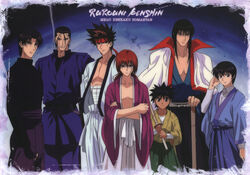  1990s_(style) 6+boys bandages black_hair brown_hair cigarette copyright_name feet_out_of_frame fingerless_gloves gloves headband highres hiko_seijuurou himura_kenshin japanese_clothes long_hair long_sleeves looking_at_viewer male_focus military military_uniform multiple_boys myoujin_yahiko non-web_source official_art photoshop_(medium) planted planted_sword red_hair retro_artstyle rurouni_kenshin sagara_sanosuke saitou_hajime_(rurouni_kenshin) scan seta_soujirou shinai shinomori_aoshi short_hair smoking standing sword uniform weapon wide_sleeves 