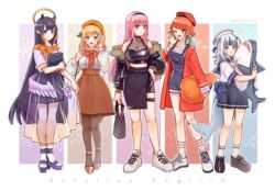  5girls alternate_costume aqua_hair artist_name bag bare_shoulders beret black_choker black_footwear black_hairband black_jacket black_pantyhose black_skirt blue_eyes blue_hair blunt_bangs blush book bottle bow bowtie breasts brown_headwear brown_skirt casual chicken_(food) chicken_leg choker commentary earrings english_commentary english_text fashion feather_earrings feathers fins fish_tail fishnet_top fishnets food fried_chicken full_body fur-trimmed_jacket fur_trim gawr_gura gradient_hair grey_hair hair_ornament hairband hairclip hakamii halo hand_in_own_hair hand_on_own_hip hand_up hat heart high-waist_skirt high_heels highres holding holding_bag holding_book holding_stuffed_toy hololive hololive_english holomyth hugging_doll hugging_object jacket jewelry large_breasts long_hair long_skirt long_sleeves looking_at_viewer low_wings medium_breasts medium_hair midriff mori_calliope multicolored_hair multiple_girls ninomae_ina&#039;nis off_shoulder one_eye_closed open_mouth orange_bow orange_bowtie orange_footwear orange_hair orange_headwear orange_robe overall_shorts overalls pantyhose pink_eyes pink_hair pointy_ears purple_footwear purple_hair purple_skirt robe sailor sailor_collar sailor_hat school_uniform see-through see-through_skirt serafuku shark_girl shark_tail shirt shoes short_sleeves side_slit sidelocks skirt skirt_hold sleeveless sleeveless_shirt small_breasts smile sneakers socks sparkle stuffed_animal stuffed_shark stuffed_toy tail takanashi_kiara tentacle_hair thigh_strap tiara two-tone_hair two_side_up very_long_hair virtual_youtuber watson_amelia waving white_footwear white_shirt white_socks wine_bottle wings 