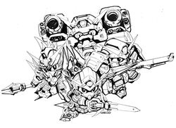  absurdres chibi greyscale gun gundam gundam_00 gundam_dynames gundam_exia gundam_kyrios gundam_virtue highres holding holding_gun holding_sword holding_weapon ink_(medium) kuzutetsu line_art mecha monochrome no_humans parody redesign robot science_fiction sd_gundam sd_gundam_sangokuden shoulder_cannon style_parody sword traditional_media v-fin weapon white_background 