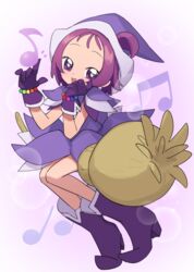  :d bad_link beads boots chorefuji commentary_request dress earrings eyelashes female full_body gloves hands_up hat highres jewelry looking_at_viewer musical_note ojamajo_doremi one_side_up open_mouth purple_dress purple_eyes purple_footwear purple_gloves purple_hair purple_hat segawa_onpu short_hair smile solo tongue 