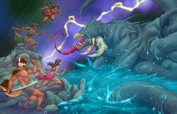  absurd_res anthro aquatic_dragon athletic athletic_anthro athletic_female athletic_male canid canine canis clothing dragon electricity female green_glow group hi_res jacob_(bosskubal567) jewish_mythology kalea_(lei-lani) katana lei-lani leviathan lightning malana_(lei-lani) male male/female mammal marine melee_weapon monster mustelid mythological_creature mythological_marine mythological_scalie mythology otter polearm raining roy_wolverine sarong scalie spear sword the_depths water weapon wolf 