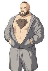  1boy abs absurdres alternate_costume bara bare_pectorals beard casual chest_hair facial_hair feet_out_of_frame grey_jacket grey_shorts hands_in_pockets highres jacket large_pectorals male_focus mature_male mohawk moustache muscular muscular_male navel navel_hair nipples open_clothes open_jacket pectorals ryker short_hair shorts solo stomach street_fighter street_fighter_zero_(series) track_jacket zangief 