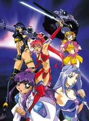  1990s_(style) 5girls arm_up ass black_hair blue_eyes boots breasts brown_hair choker cleavage crop_top dennou_sentai_voogie&#039;s_angel energy_sword gloves grey_hair hair_ribbon high_heels high_ponytail holding holding_sword holding_weapon leotard long_hair marrybel_candy_stwert midi_the_girl multiple_girls navel non-web_source official_art oobari_masami open_mouth purple_hair rebecca_sweet_hawzen red_eyes red_hair retro_artstyle ribbon short_hair sidelocks smile spacecraft sword tachibana_shiori thigh_boots thighhighs very_long_hair voogie weapon yellow_eyes 