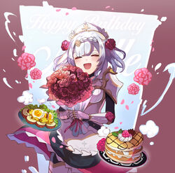  :d armor armored_dress blush bouquet braid braided_bangs closed_eyes dress female flower food gauntlets genshin_impact grey_hair hair_flower hair_ornament happy_birthday highres holding holding_bouquet licialurie lighter-than-air_pancake_(genshin_impact) maid_headdress noelle_(genshin_impact) open_mouth pancake pauldrons red_dress red_flower red_rose rose satisfying_salad_(genshin_impact) short_hair shoulder_armor smile solo 