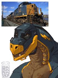  2023 3:4 anthro babanasaur belly belly_scales black_eyebrows black_sclera blue_body blue_scales bust_portrait chevron_(marking) countershade_neck countershade_scales countershade_torso countershading csx_transportation_group digital_drawing_(artwork) digital_media_(artwork) dragon eyebrows facial_scales ge_evolution general_electric handle hi_res how_to_dragon_your_train hybrid light_body lightning_bolt living_machine living_train living_vehicle locomorph locomotive machine male markings meme multicolored_body multicolored_scales muscular muscular_anthro muscular_male mythological_creature mythological_scalie mythology open_mouth photo portrait pupils reference_image reptile scale_markings scales scalie signature solo tan_belly tan_body tan_countershading tan_scales teeth train united_states_of_america vehicle yellow_body yellow_markings yellow_pupils yellow_scales 