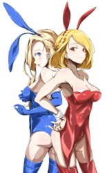  2girls absurdres alternate_costume animal_ears azur_lane azur_lane:_queen&#039;s_orders back-to-back bare_shoulders blonde_hair blue_leotard braid breasts check_commentary cleavage commentary_request crown_braid earrings elbow_gloves embarrassed fake_animal_ears gloves hairband hand_on_own_hip highres hood_(azur_lane) jewelry leotard looking_at_viewer madakov_kodima multiple_girls playboy_bunny prince_of_wales_(azur_lane) rabbit_ears red_leotard simple_background thighhighs wrist_cuffs 