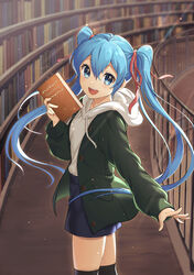  :d absurdres alternate_costume black_thighhighs blue_eyes blue_hair blue_shorts blush book bookshelf casual coat commentary cowboy_shot drawstring english_text female gen_(gen_m_gen) green_coat hair_ribbon hatsune_miku highres holding holding_book hood hood_down hoodie indoors lens_flare library long_hair long_sleeves looking_at_viewer open_clothes open_coat open_mouth railing red_ribbon ribbon round_teeth shorts smile solo sparkle teeth thighhighs twintails upper_teeth_only very_long_hair vocaloid white_hoodie 