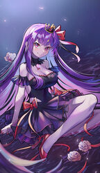  absurdres bare_shoulders bb_(fate) bb_(fate/extra) black_dress black_gloves blush breasts brooch closed_mouth dress earrings fate/extra fate/extra_ccc fate_(series) female flower gloves hair_ornament hair_ribbon highres jewelry laon large_breasts legs long_hair looking_at_viewer neck_ribbon purple_eyes purple_hair red_ribbon ribbon smile very_long_hair 