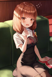  absurdres armband black_dress blunt_bangs blush book breasts brown_eyes brown_hair commentary_request couch dress embarrassed female flying_sweatdrops hand_up haneiro highres iino_miko kaguya-sama_wa_kokurasetai_~tensai-tachi_no_renai_zunousen~ large_breasts long_hair looking_at_viewer md5_mismatch neck_ribbon on_couch open_mouth pantyhose photoshop_(medium) red_ribbon ribbon school_uniform short_sleeves short_twintails shuuchiin_academy_school_uniform sitting solo summer_uniform twintails wavy_mouth 