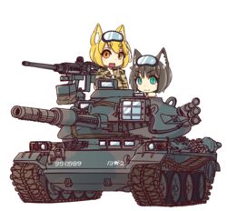  2girls :3 animal_ears bad_id bad_pixiv_id blonde_hair camouflage camouflage_jacket cat_ears caterpillar_tracks chibi commentary_request fox_ears france green_eyes gun highres izushi_(keeki) jacket light_brown_hair machine_gun military military_vehicle motor_vehicle multiple_girls original outline short_hair smile tank transparent_background type_74_(tank) weapon white_outline yellow_eyes 